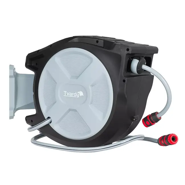 Tvardy Wandhaspel met 25 m tuinslang, automatische oprolfunctie en instelbare tuinspuit voor tuin en terras