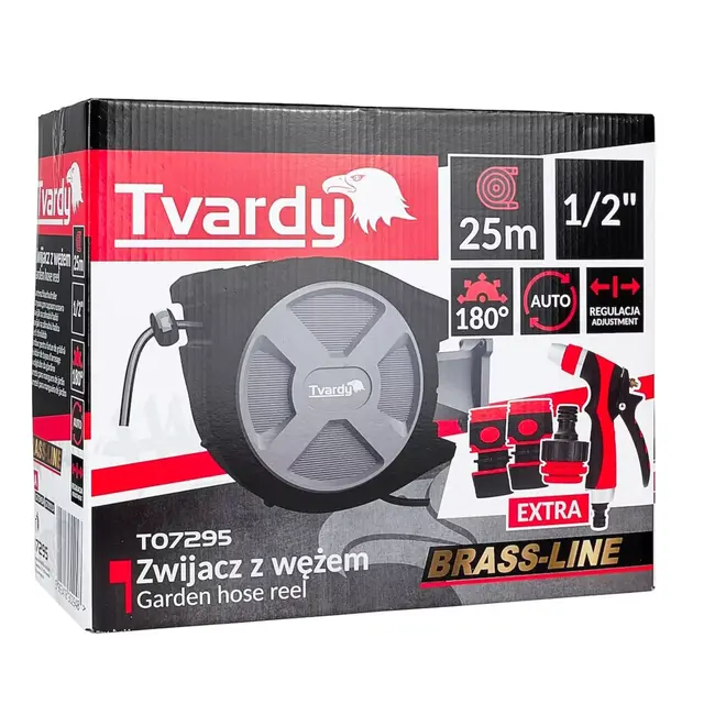 Tvardy Wandhaspel met 25 m tuinslang, automatische oprolfunctie en instelbare tuinspuit voor tuin en terras