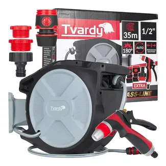 Tvardy Wandhaspel met 35 m tuinslang, automatische oprolfunctie en instelbare tuinspuit voor tuin en terras