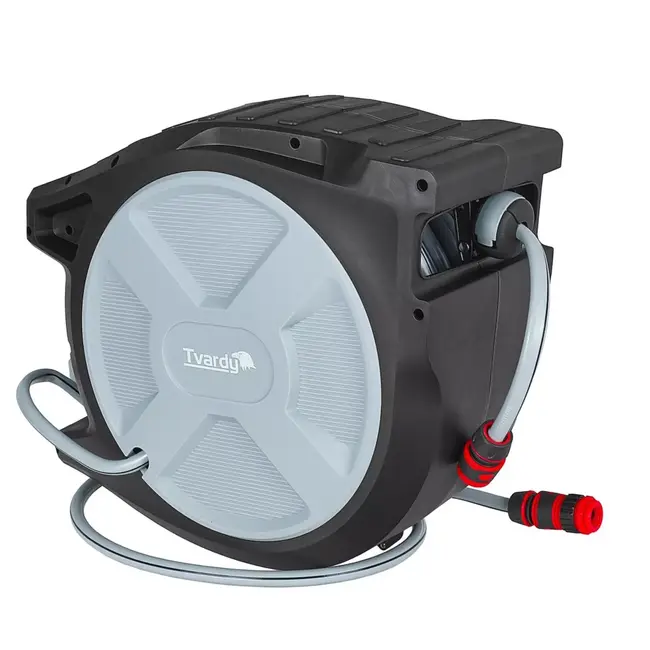 Tvardy Wandhaspel met 35 m tuinslang, automatische oprolfunctie en instelbare tuinspuit voor tuin en terras