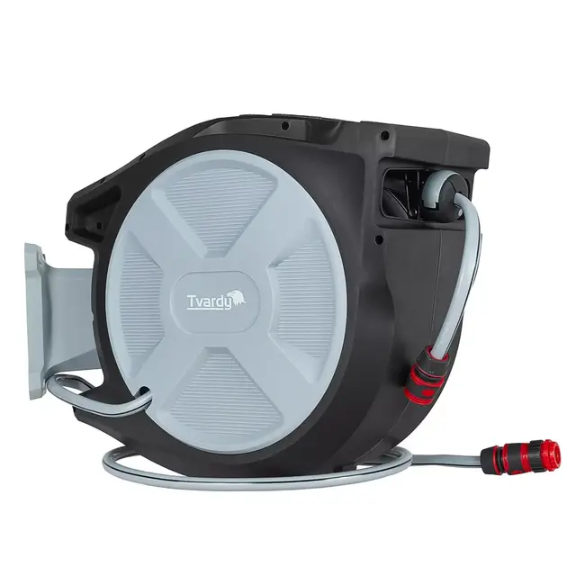 Tvardy Wandhaspel met 35 m tuinslang, automatische oprolfunctie en instelbare tuinspuit voor tuin en terras
