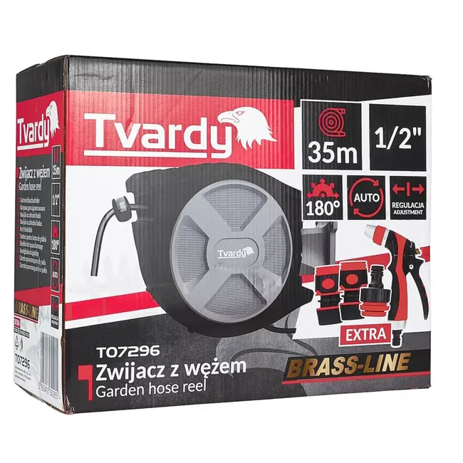 Tvardy Wandhaspel met 35 m tuinslang, automatische oprolfunctie en instelbare tuinspuit voor tuin en terras