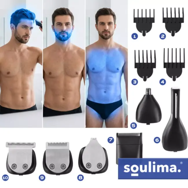Soulima Multifunctionele tondeuse en baardtrimmer met 8 opzetstukken, 90 minuten gebruiksduur en afspoelbare koppen