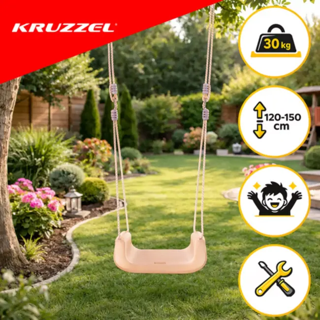 Kruzzel Kinderschommel voor binnen en buiten met rugleuning, antislip zitvlak en verstelbare touwen van 120 - 150 cm