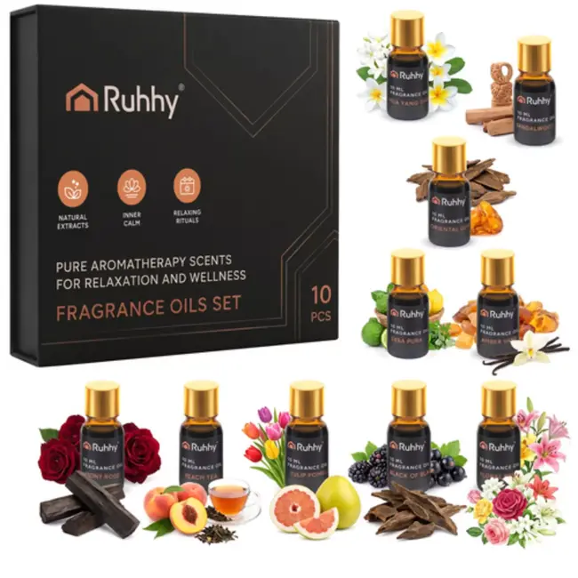 Ruhhy Set van 10 geuroliën van 10 ml met 2 druppelaars in elegante geschenkdoos voor een afwisselende geurbeleving in huis