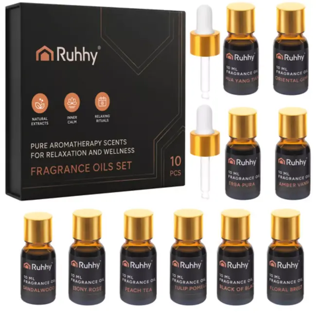 Ruhhy Set van 10 geuroliën van 10 ml met 2 druppelaars in elegante geschenkdoos voor een afwisselende geurbeleving in huis