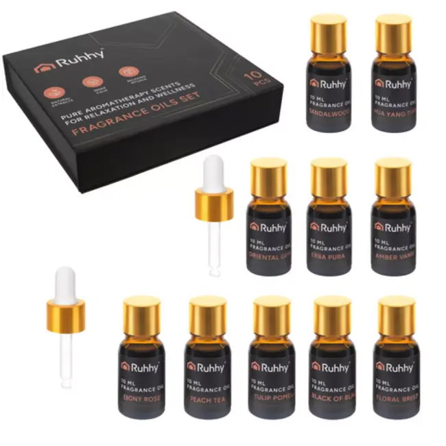 Ruhhy Set van 10 geuroliën van 10 ml met 2 druppelaars in elegante geschenkdoos voor een afwisselende geurbeleving in huis