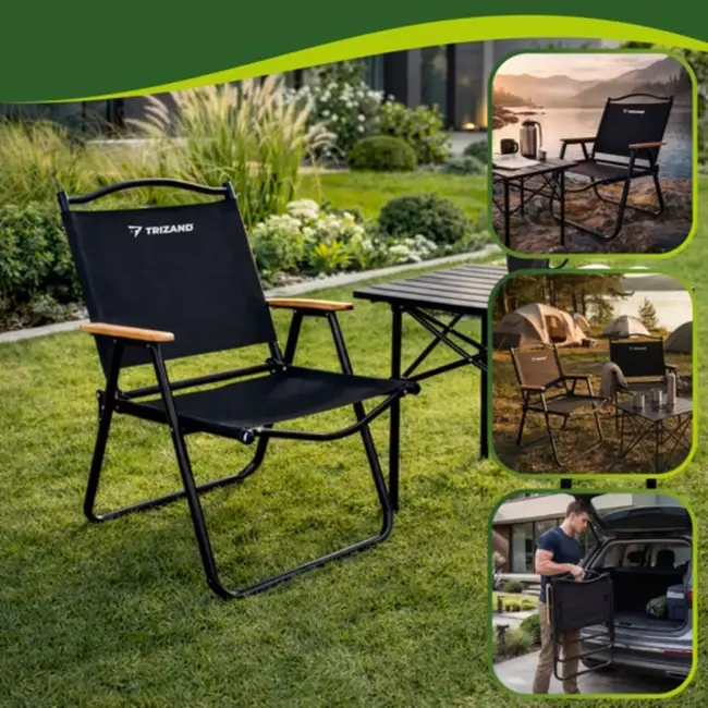 Trizand Zwarte campingstoel voor balkon, tuin en terras met gepoedercoat frame en Oxford stof