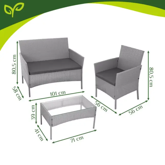 Gardlov Donkergrijze loungeset voor tuin, balkon of terras met glazen tafelblad en comfortabele zitkussens