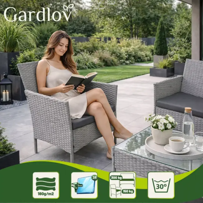 Gardlov Donkergrijze loungeset voor tuin, balkon of terras met glazen tafelblad en comfortabele zitkussens