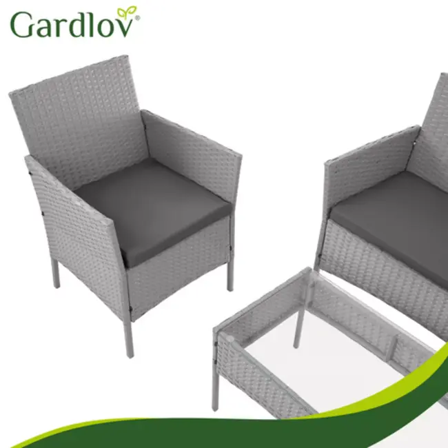 Gardlov Donkergrijze loungeset voor tuin, balkon of terras met glazen tafelblad en comfortabele zitkussens