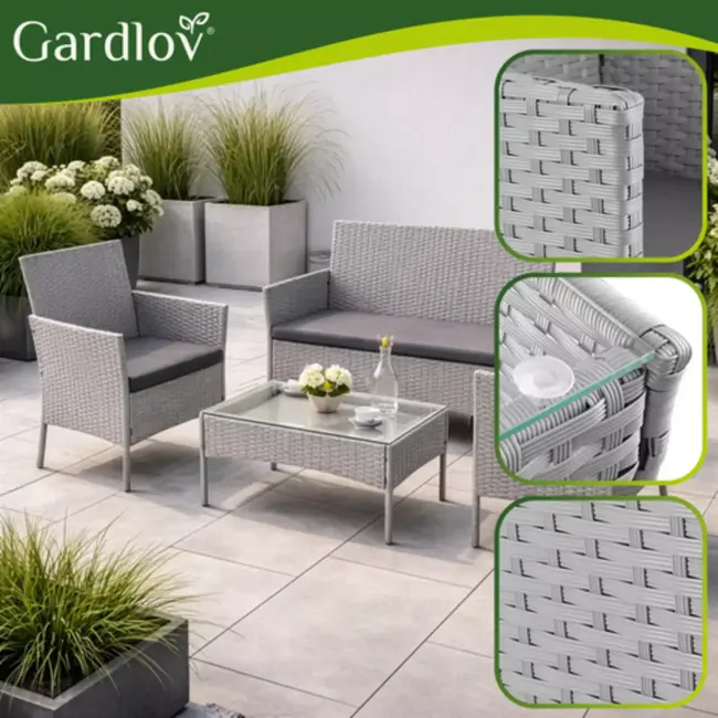 Gardlov Donkergrijze loungeset voor tuin, balkon of terras met glazen tafelblad en comfortabele zitkussens