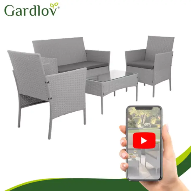 Gardlov Donkergrijze loungeset voor tuin, balkon of terras met glazen tafelblad en comfortabele zitkussens