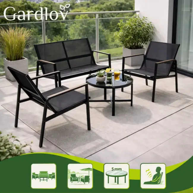 Gardlov 4-delige tuinmeubelset voor balkon of terras met tweezitsbank, 2 stoelen en tafel met glazen blad