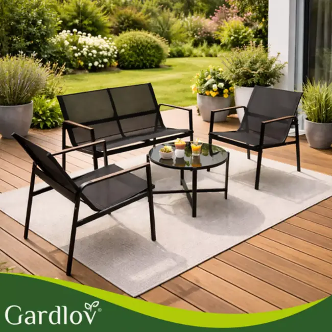 Gardlov 4-delige tuinmeubelset voor balkon of terras met tweezitsbank, 2 stoelen en tafel met glazen blad