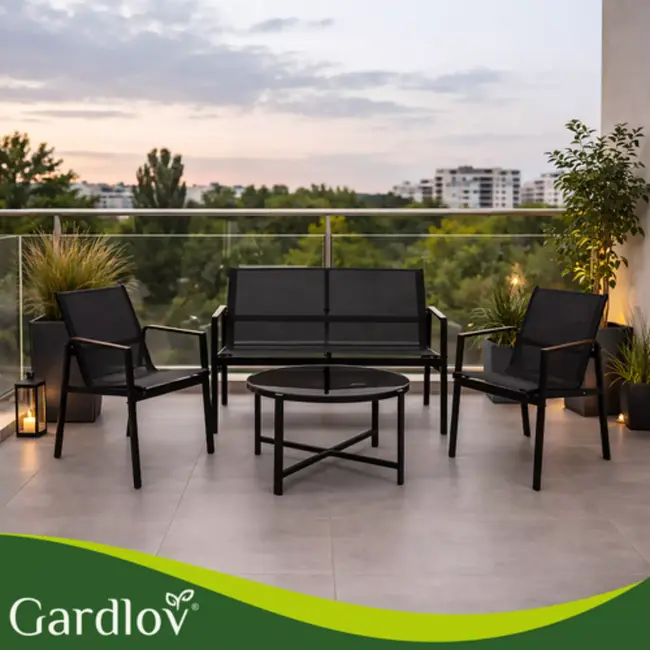 Gardlov 4-delige tuinmeubelset voor balkon of terras met tweezitsbank, 2 stoelen en tafel met glazen blad
