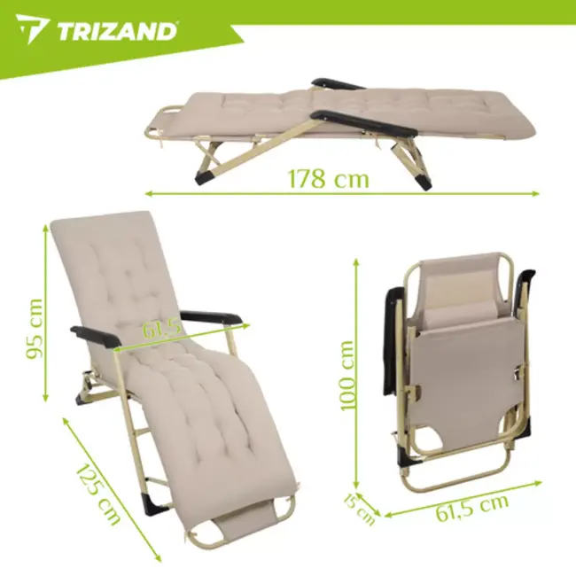 Trizand 3-in-1 tuinligstoel voor terras, tuin of strand met verstelbare rugleuning, beensteun en dik wasbaar kussen