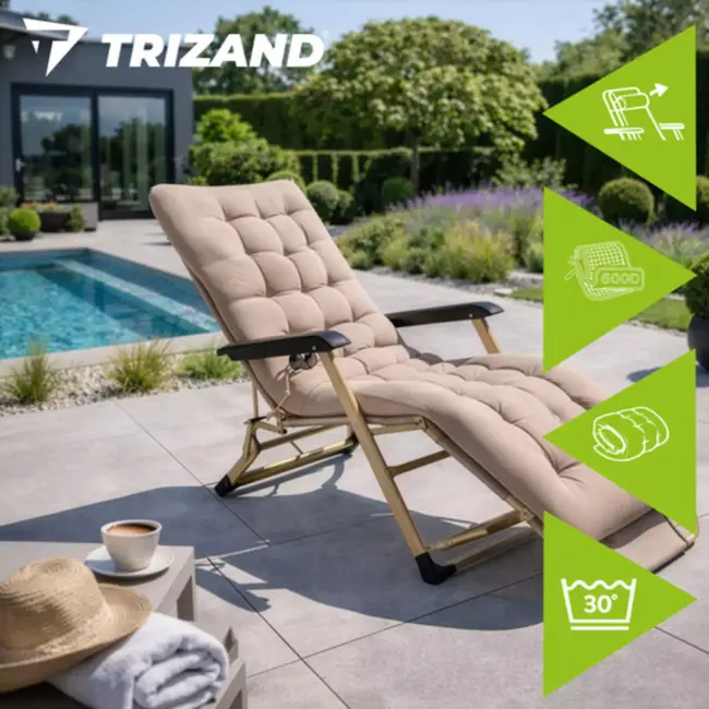 Trizand 3-in-1 tuinligstoel voor terras, tuin of strand met verstelbare rugleuning, beensteun en dik wasbaar kussen