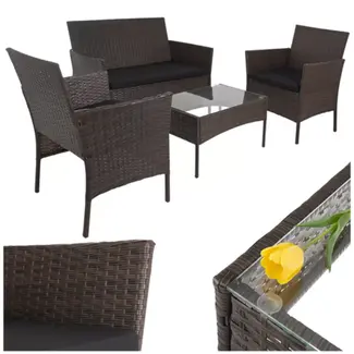 Gardlov Bruine loungeset voor tuin, balkon of terras met glazen tafelblad en comfortabele zwarte zitkussens