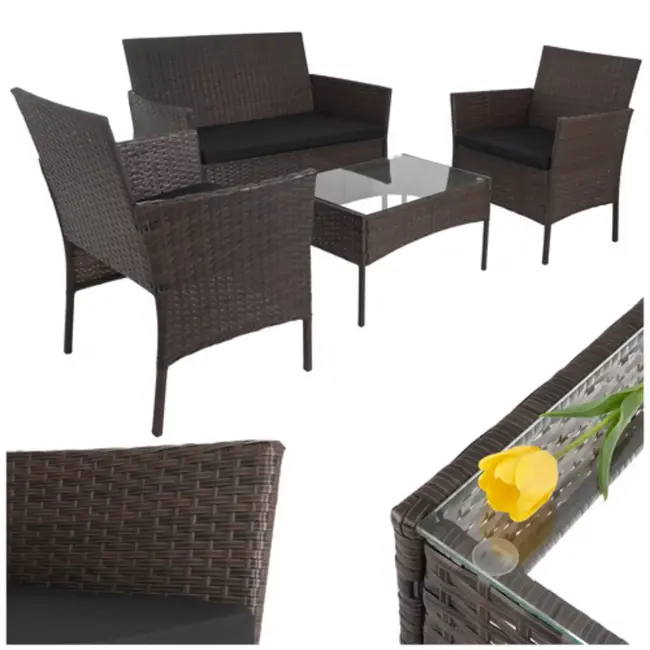 Gardlov Bruine loungeset voor tuin, balkon of terras met glazen tafelblad en comfortabele zwarte zitkussens