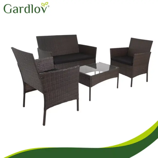 Gardlov Bruine loungeset voor tuin, balkon of terras met glazen tafelblad en comfortabele zwarte zitkussens
