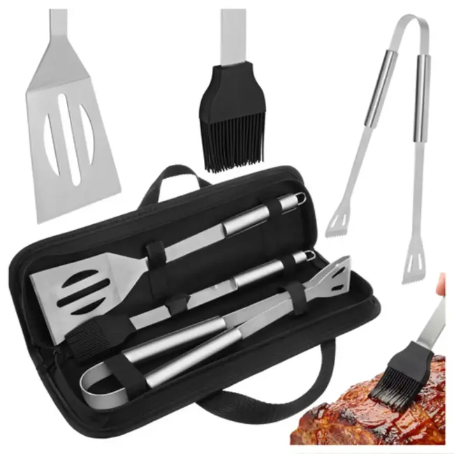 Kaminer Barbecue set met tang, spatel en borstel in stevige koffer voor tuin, camping en onderweg