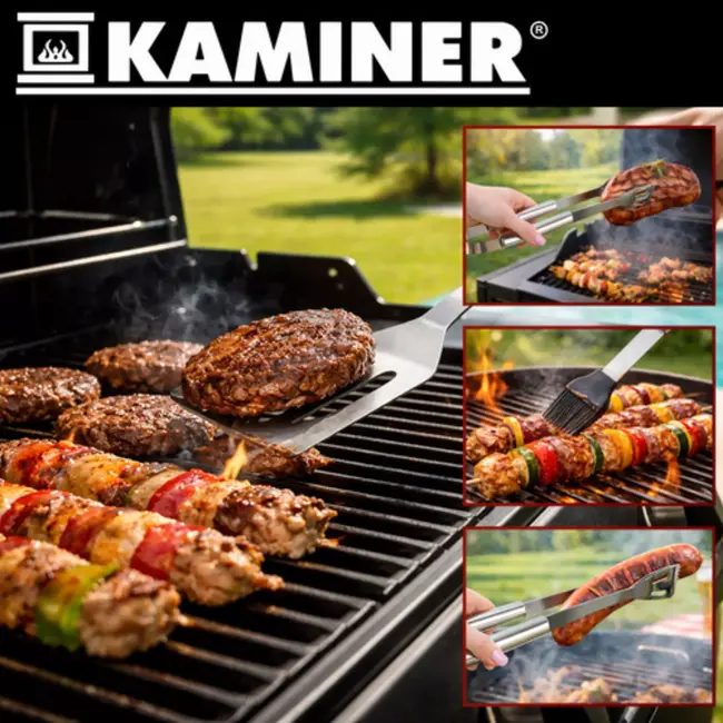 Kaminer Barbecue set met tang, spatel en borstel in stevige koffer voor tuin, camping en onderweg