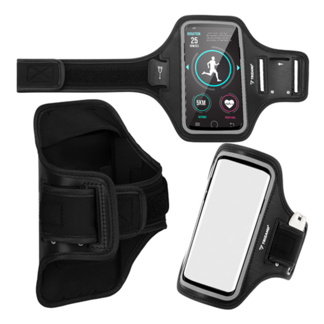 Trizand Zwarte hardloop armband 47,5 x 19 cm met telefoonhoes, touchscreen venster en vakjes voor sleutel, pasje en geld