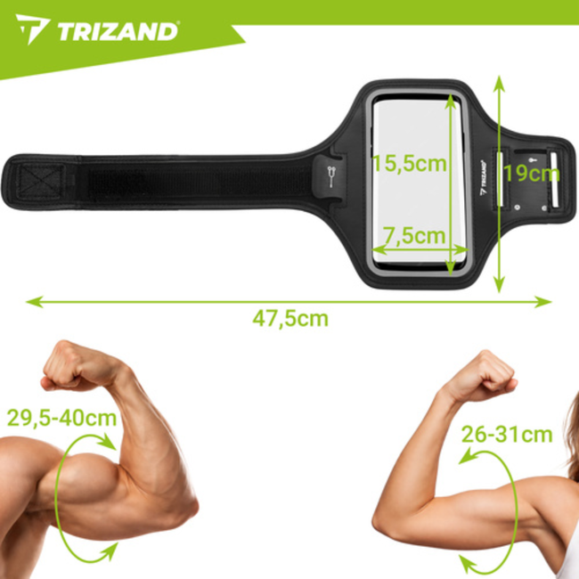 Trizand Zwarte hardloop armband 47,5 x 19 cm met telefoonhoes, touchscreen venster en vakjes voor sleutel, pasje en geld
