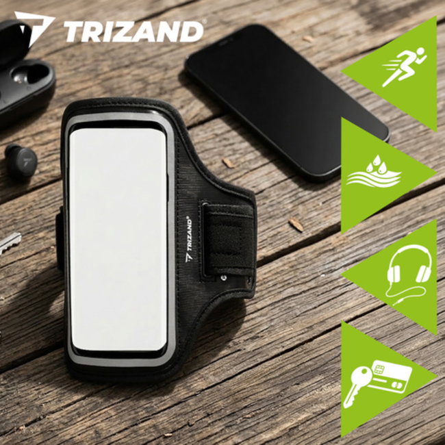 Trizand Zwarte hardloop armband 47,5 x 19 cm met telefoonhoes, touchscreen venster en vakjes voor sleutel, pasje en geld