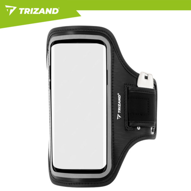 Trizand Zwarte hardloop armband 47,5 x 19 cm met telefoonhoes, touchscreen venster en vakjes voor sleutel, pasje en geld