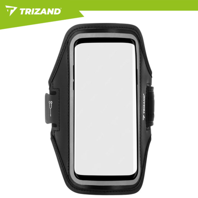 Trizand Zwarte hardloop armband 47,5 x 19 cm met telefoonhoes, touchscreen venster en vakjes voor sleutel, pasje en geld