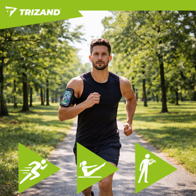 Trizand Zwarte hardloop armband 47,5 x 19 cm met telefoonhoes, touchscreen venster en vakjes voor sleutel, pasje en geld