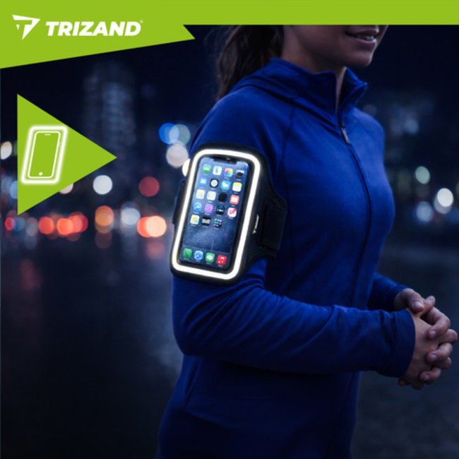 Trizand Zwarte hardloop armband 47,5 x 19 cm met telefoonhoes, touchscreen venster en vakjes voor sleutel, pasje en geld