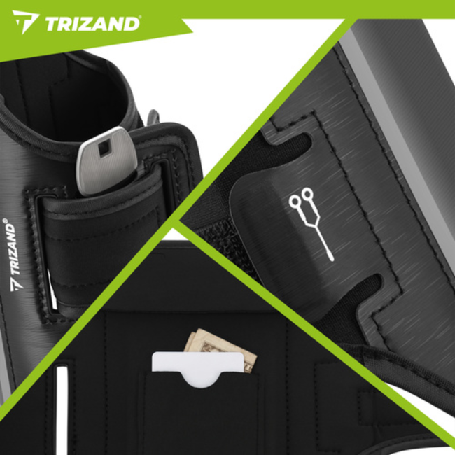 Trizand Zwarte hardloop armband 47,5 x 19 cm met telefoonhoes, touchscreen venster en vakjes voor sleutel, pasje en geld
