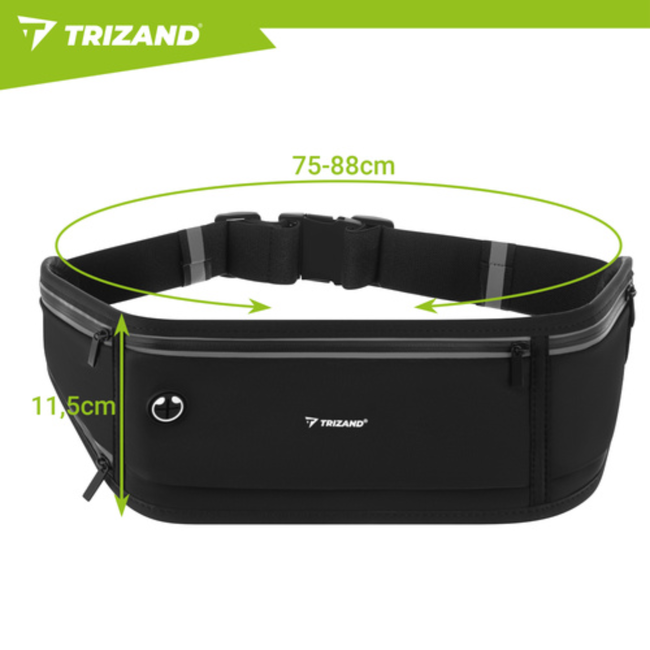 Trizand Zwarte hardloop heuptas 51 x 21 x 11 cm met verstelbare band, 3 ritsvakken en reflecterende details