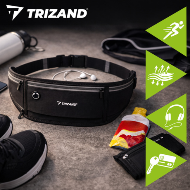 Trizand Zwarte hardloop heuptas 51 x 21 x 11 cm met verstelbare band, 3 ritsvakken en reflecterende details