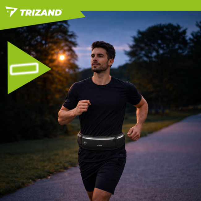 Trizand Zwarte hardloop heuptas 51 x 21 x 11 cm met verstelbare band, 3 ritsvakken en reflecterende details