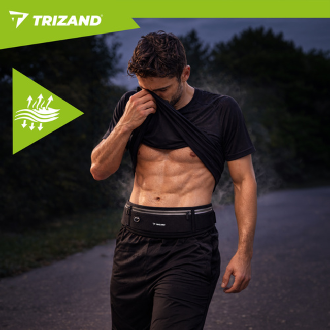 Trizand Zwarte hardloop heuptas 51 x 21 x 11 cm met verstelbare band, 3 ritsvakken en reflecterende details