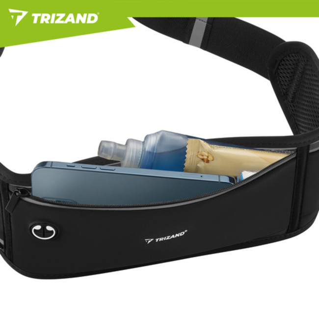 Trizand Zwarte hardloop heuptas 51 x 21 x 11 cm met verstelbare band, 3 ritsvakken en reflecterende details