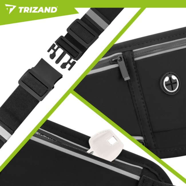 Trizand Zwarte hardloop heuptas 51 x 21 x 11 cm met verstelbare band, 3 ritsvakken en reflecterende details