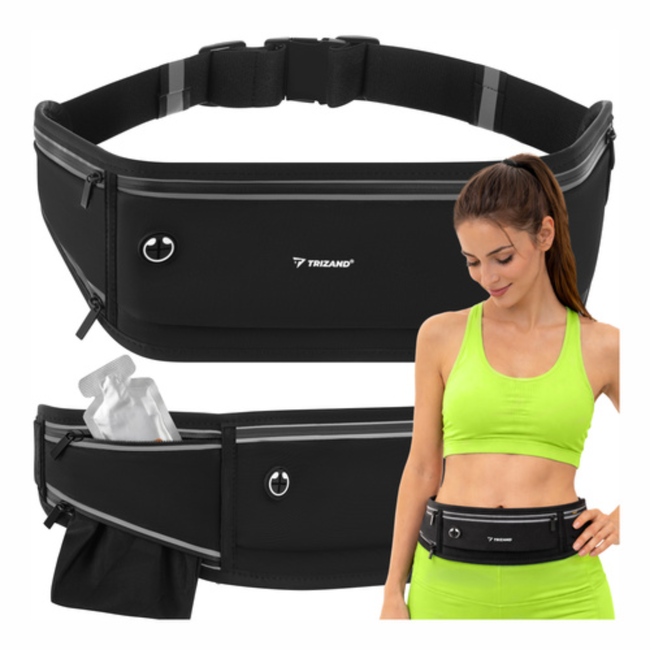 Trizand Zwarte hardloop heuptas 51 x 21 x 11 cm met verstelbare band, 3 ritsvakken en reflecterende details