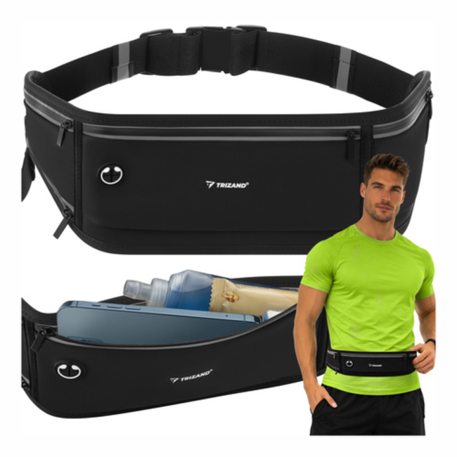 Trizand Zwarte hardloop heuptas 51 x 21 x 11 cm met verstelbare band, 3 ritsvakken en reflecterende details
