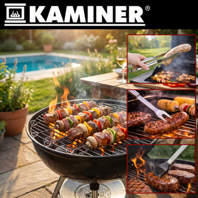 Kaminer 9-delige barbecue gereedschap set met koffer, zwart, roestvrij staal en siliconen