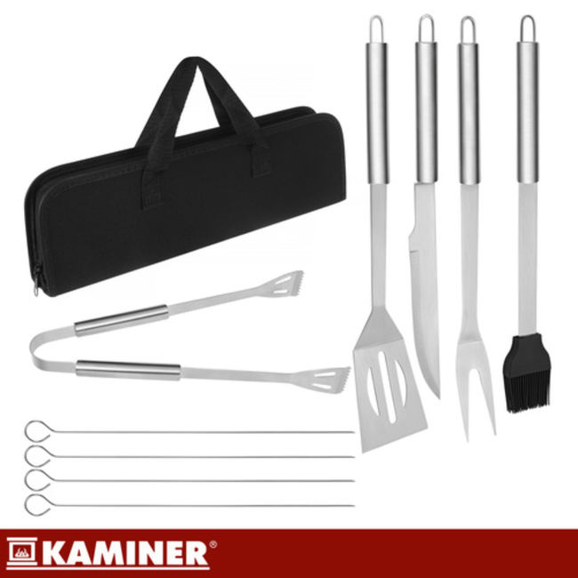 Kaminer 9-delige barbecue gereedschap set met koffer, zwart, roestvrij staal en siliconen