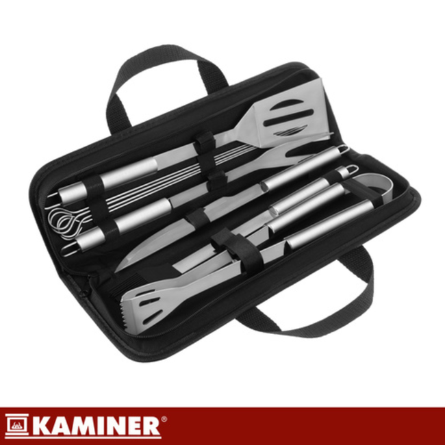 Kaminer 9-delige barbecue gereedschap set met koffer, zwart, roestvrij staal en siliconen
