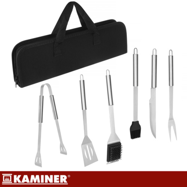 Kaminer 6-delige grillgereedschap set met koffer, zwart, roestvrij staal en siliconen