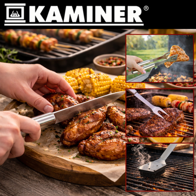 Kaminer 6-delige grillgereedschap set met koffer, zwart, roestvrij staal en siliconen