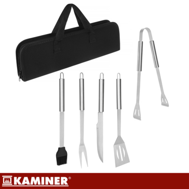 Kaminer 5-delige grillgereedschap set met koffer, zwart, roestvrij staal en siliconen