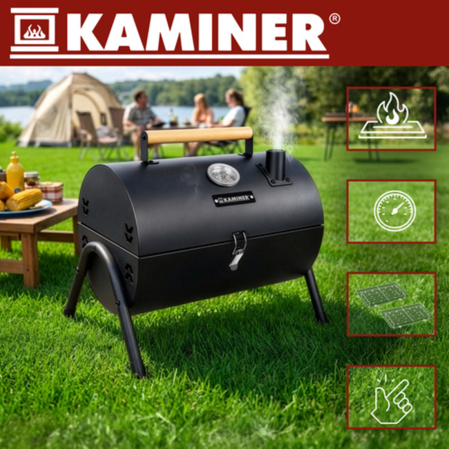 Kaminer Draagbare barbecue met deksel, 2 roosters en thermometer 36,5 x 28 x 41,5 cm